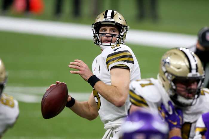 Dec 25, 2020; New Orleans, Louisiana, USA; New Orleans Saints quarterback Drew Brees (9) looks to throw a pass against the Minnesota Vikings in the second quarter at the Mercedes-Benz Superdome. Mandatory Credit: Chuck Cook-USA TODAY